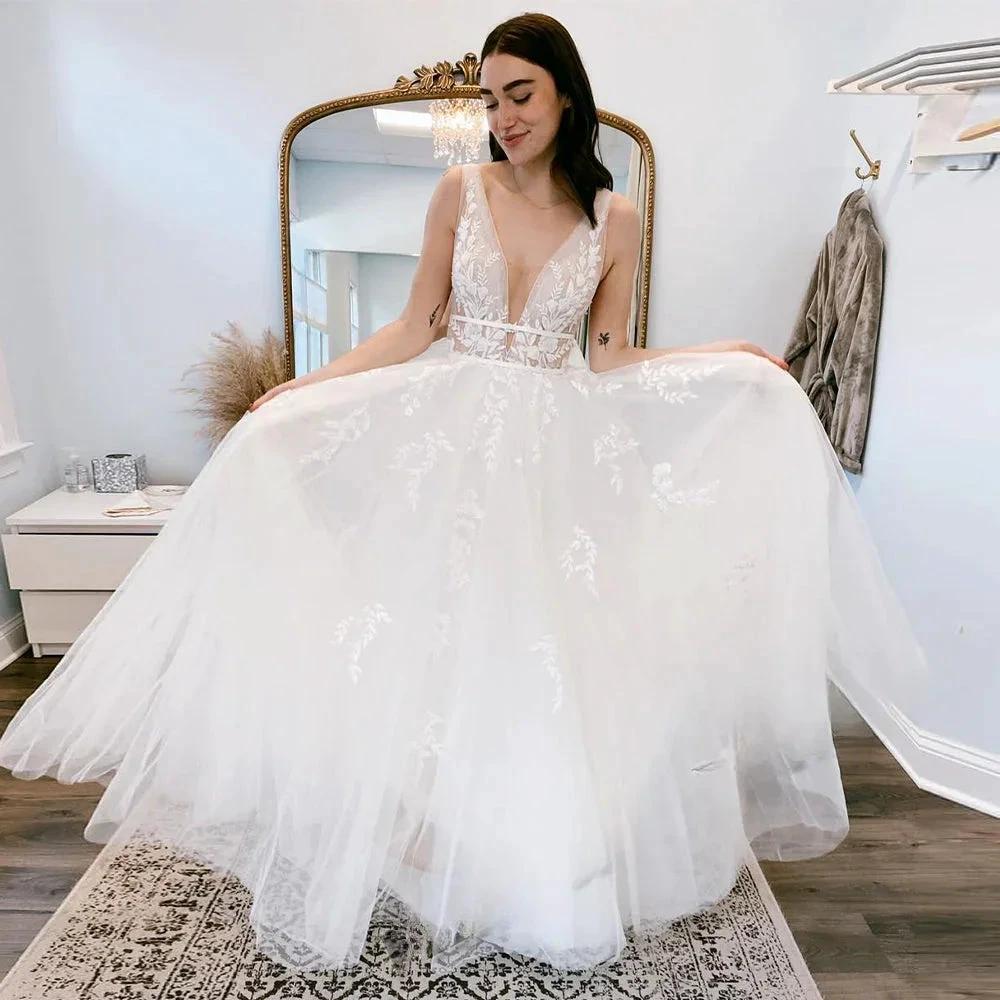 Pastrol Wedding Dresses V-neck Backless Tulle For Women 2023 Bride A-LINE Appliques Vestidos De Novia Made To Order (ZD13385)