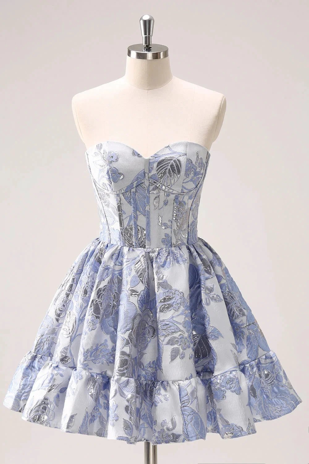 Cute Blue A Line Sweetheart Print Corset Short Homecoming Dress with Ruffles (ZD11478) - VelvetHem
