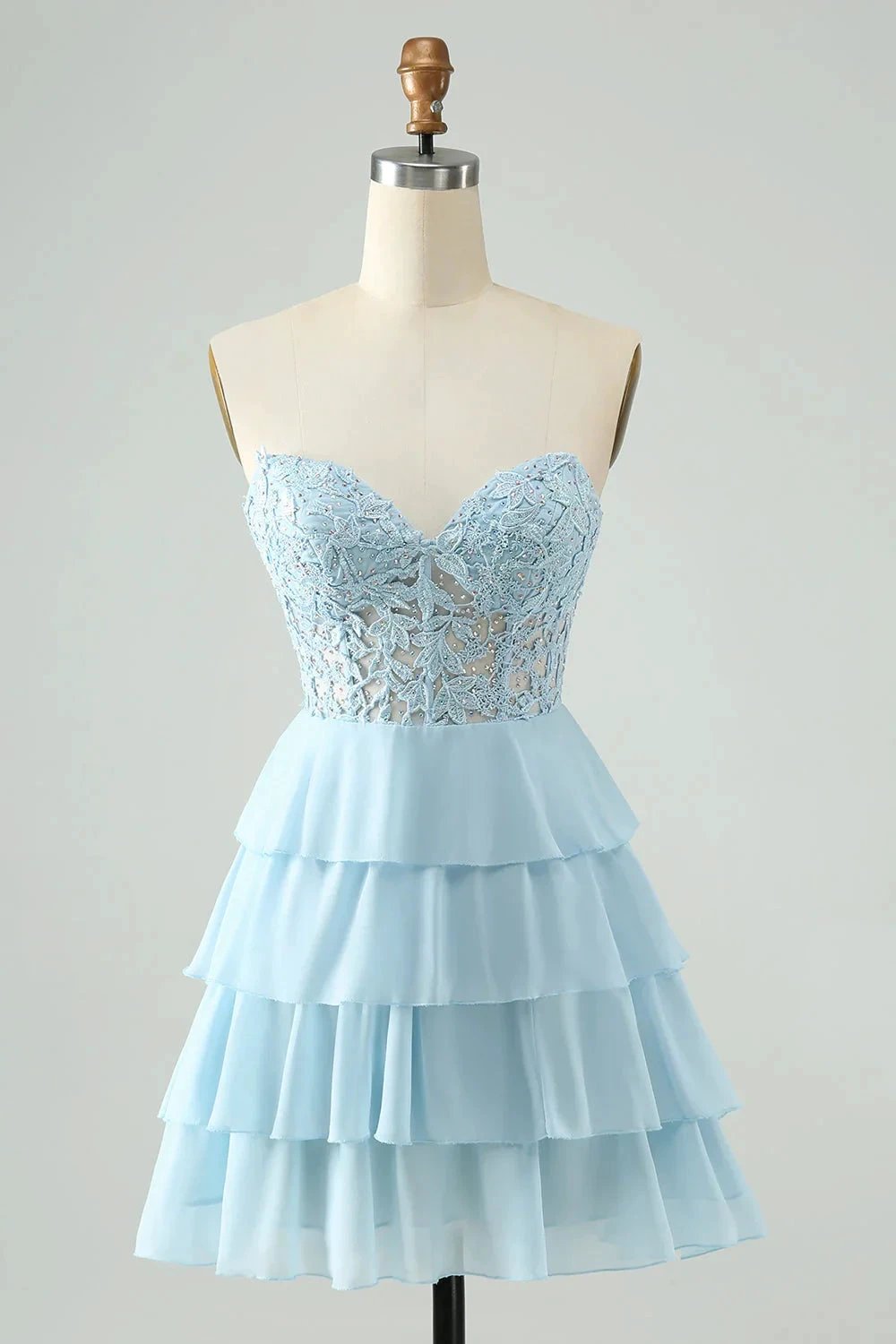 A Line Sweetheart Tiered Light Blue Short Homecoming Dress with Appliques (ZD11594) - VelvetHem
