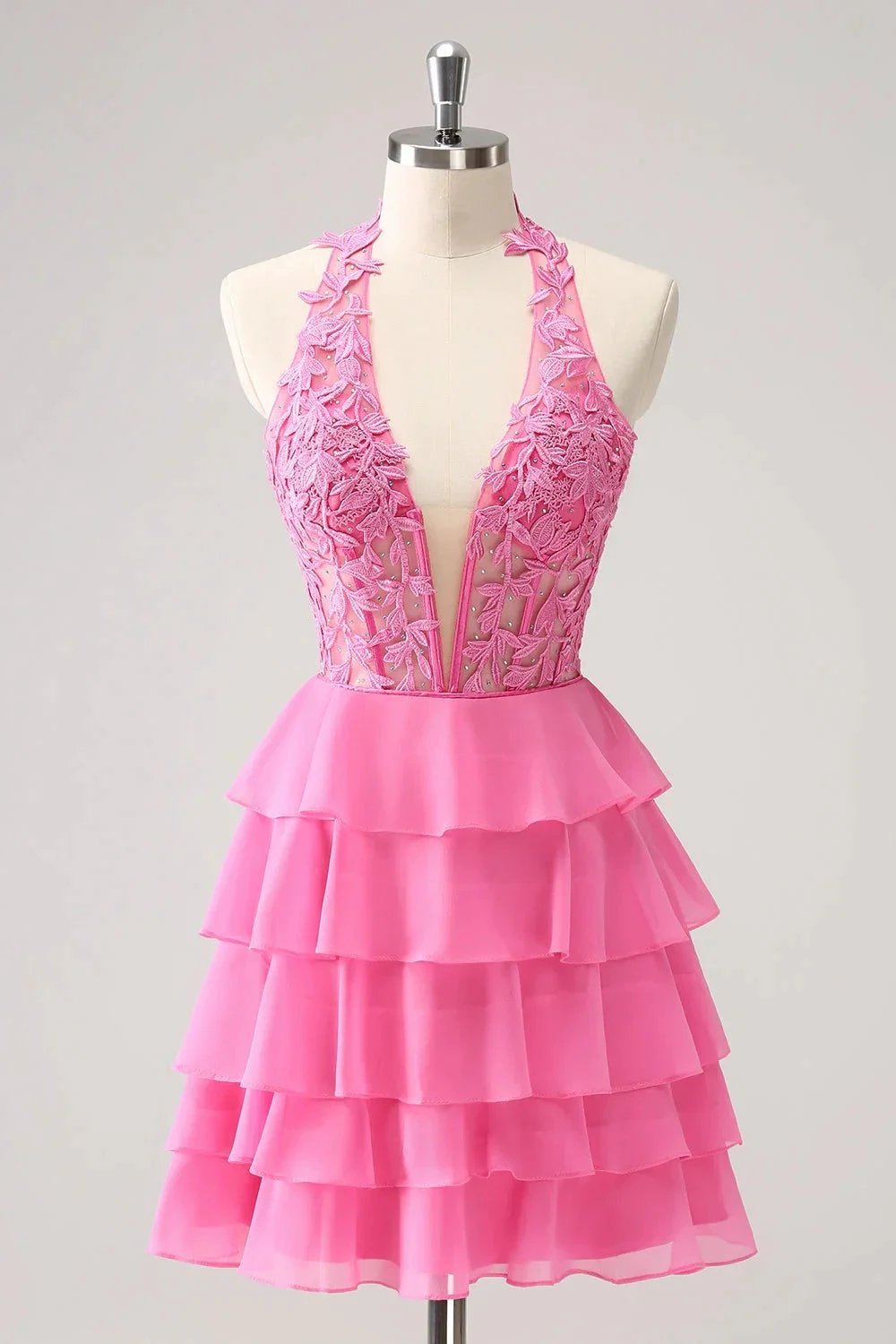 Cute Hot Pink A Line Strapless Tiered Corset Ruffle Homecoming Dress with Beading by WEDTREND