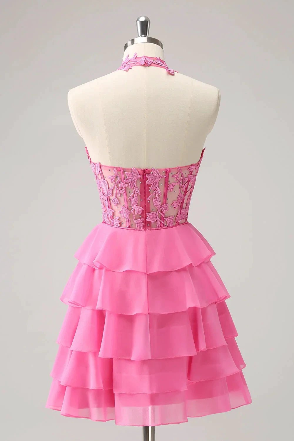 Cute Hot Pink A Line Strapless Tiered Corset Ruffle Homecoming Dress with Beading (ZD11455)