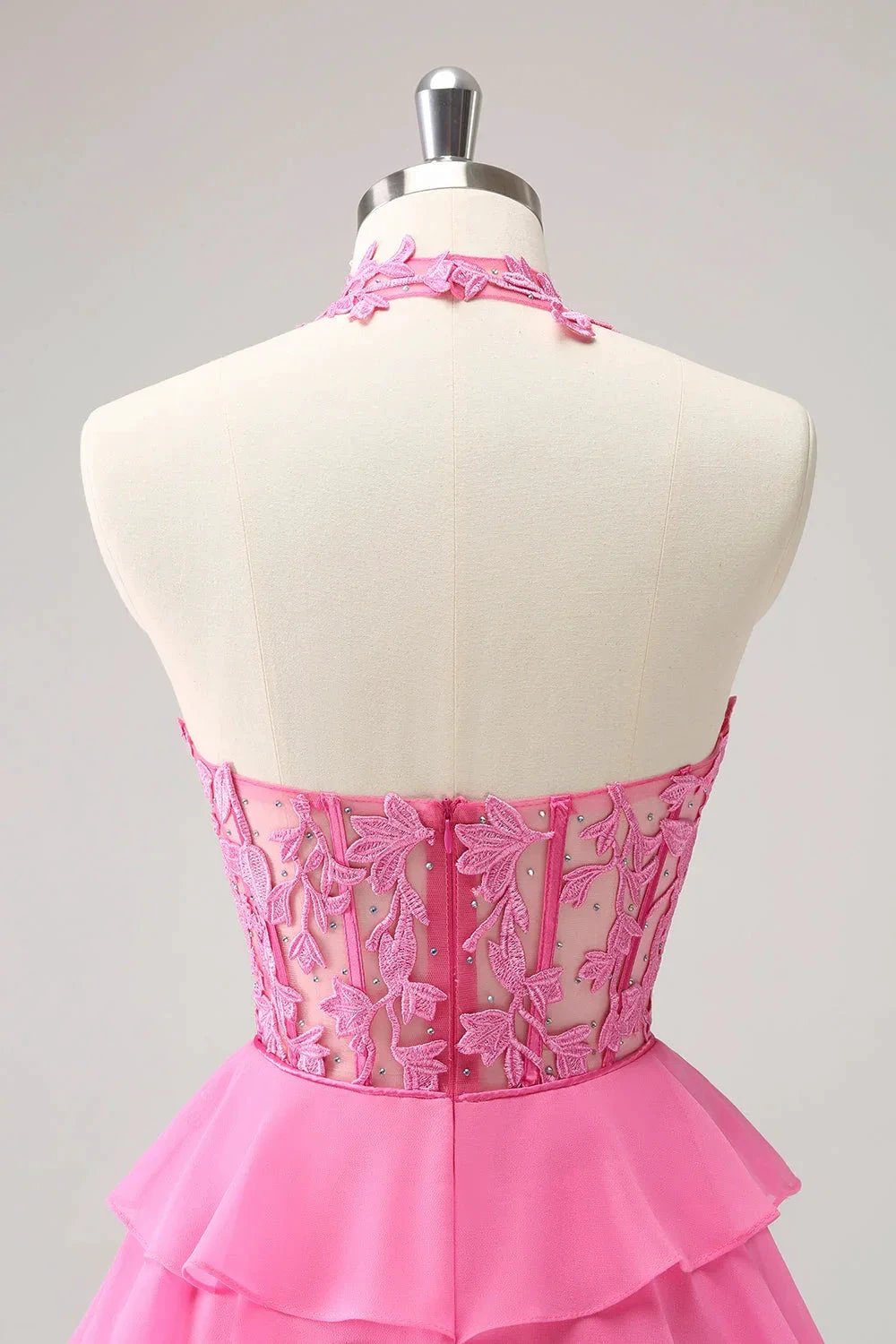 Cute Hot Pink A Line Strapless Tiered Corset Ruffle Homecoming Dress with Beading (ZD11455)