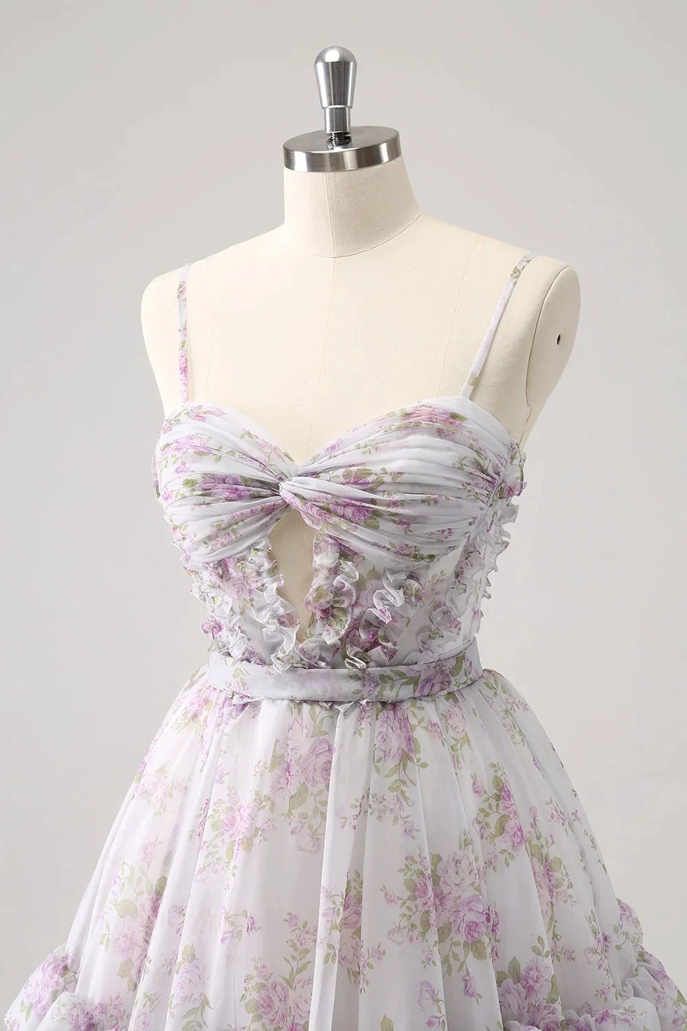 Cute Lilac A Line Cut Out Tiered Print Floral Homecoming Dress with Ruffles (ZD11451)