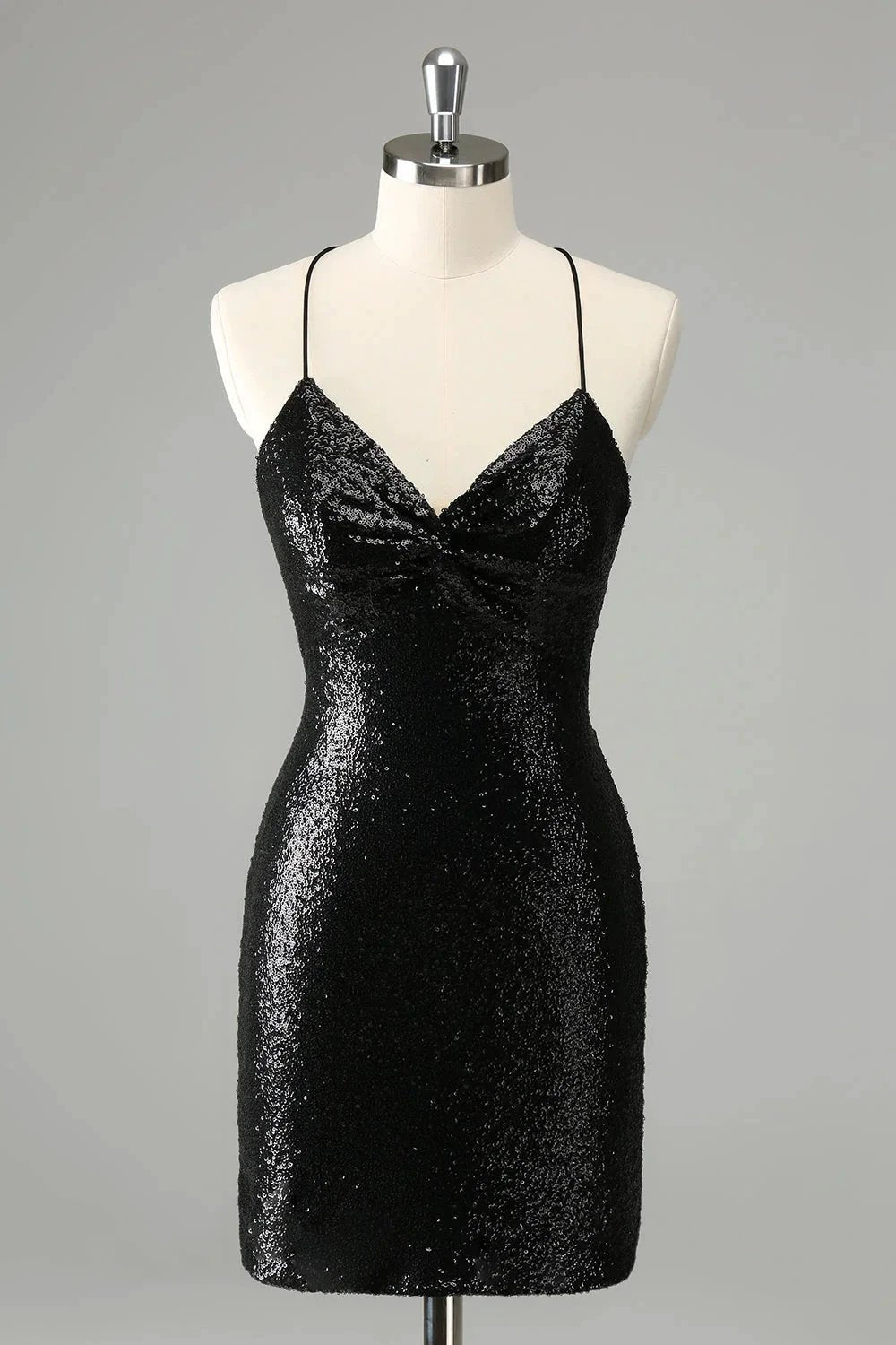 Black Bodycon Spaghetti Straps Sequins Short Homecoming Dress with Lace-up Back (ZD11566) - VelvetHem