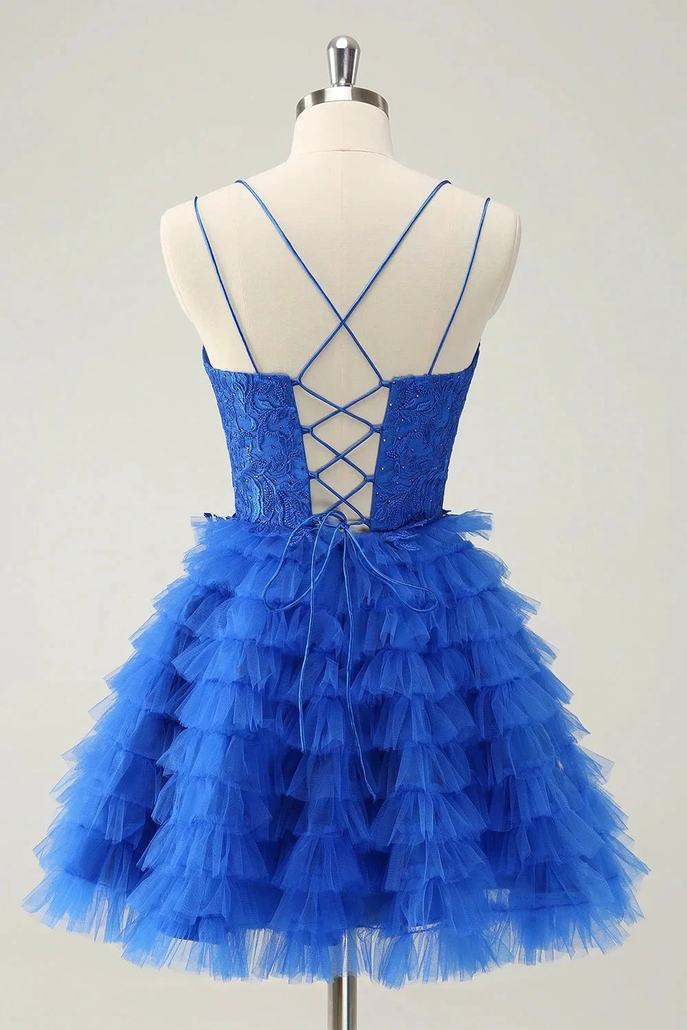 Cute Blue A Line Lace Up Back Tiered Short Homecoming Dress with Beading (ZD11481)