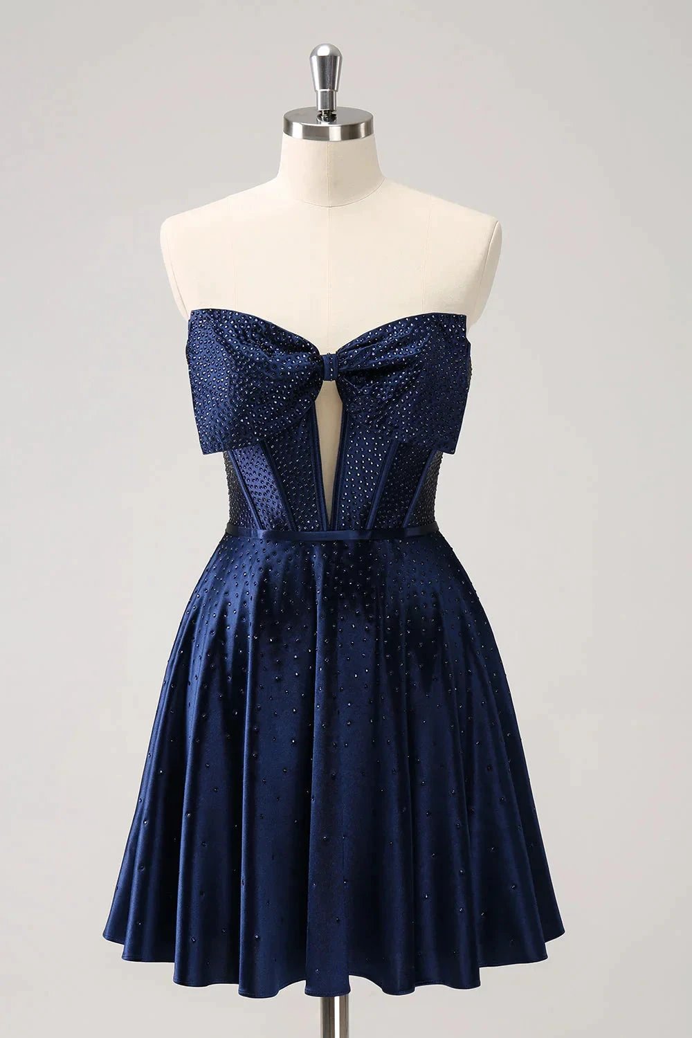 Cute Navy A Line Strapless Hollow Out Corset Beaded Homecoming Dress with Bow (ZD11450) - VelvetHem