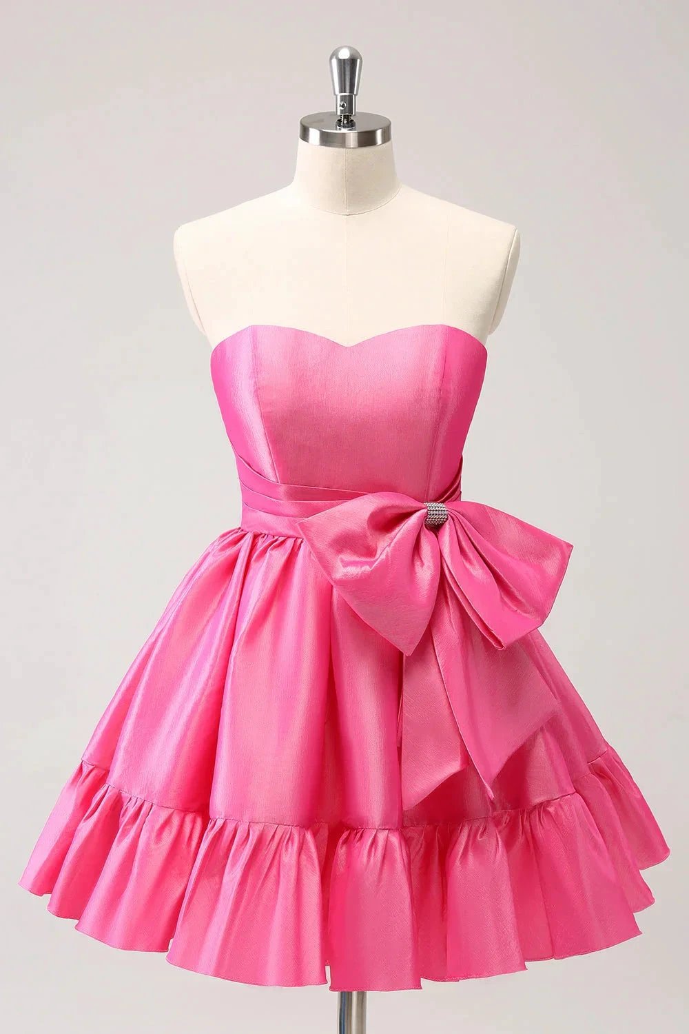 Cute Hot Pink A Line Strapless Pleated Short Homecoming Dress with Bow by WEDTREND