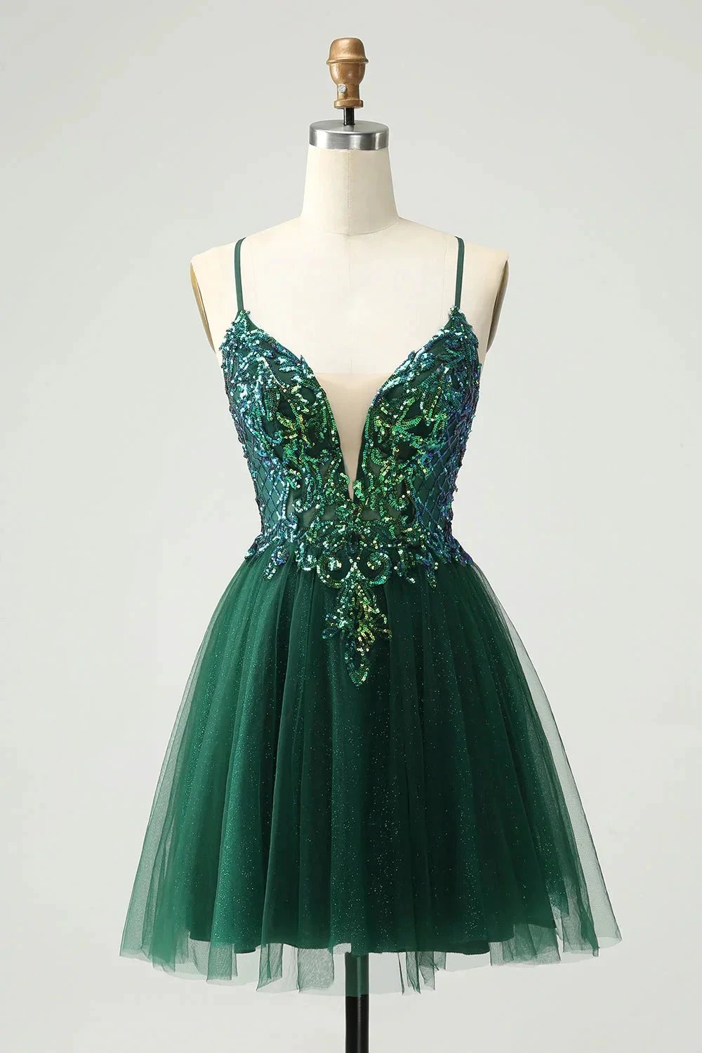 Cute Dark Green A Line V Neck Sequin Short Homecoming Dress with Appliques (ZD11470) - VelvetHem