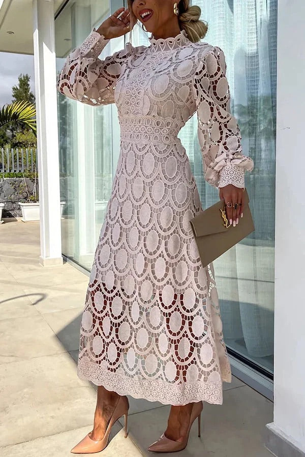 Francisca Premium Romantic, Sensual and Party Midi Dress with Crochet Lace and Lantern Sleeves Chic Silhouette Collection