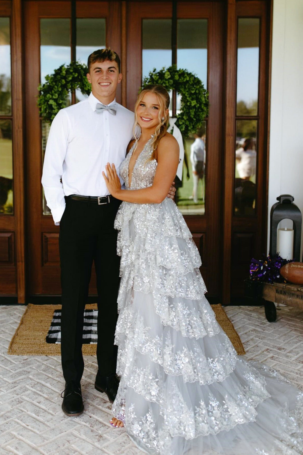 Light Gray Halter V-Neck A-Line Ruffled Prom Dress