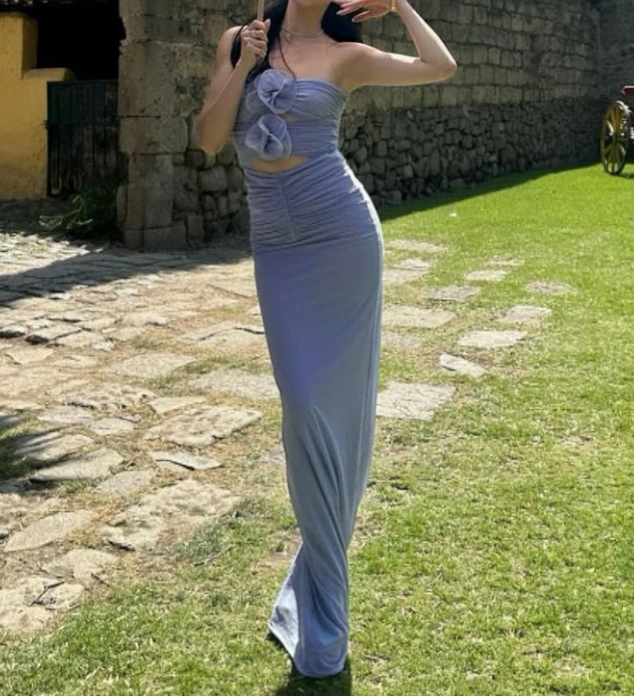 Chic Strapless Purple Sheath Prom Dress Long Party Dress With Flowers - View 4 | VelvetHem
