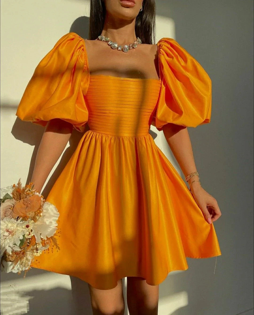 Retro Style Orange Puff Sleeve A-line Homecoming Dress Orange Cocktail Dress (ZD12658)