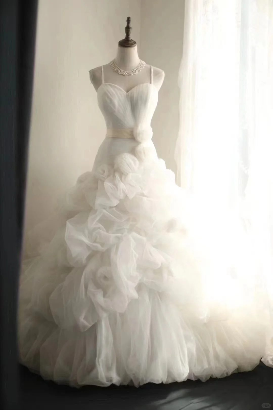 Classy Spaghetti Straps Tulle Ruched White A Line Long Wedding Dress