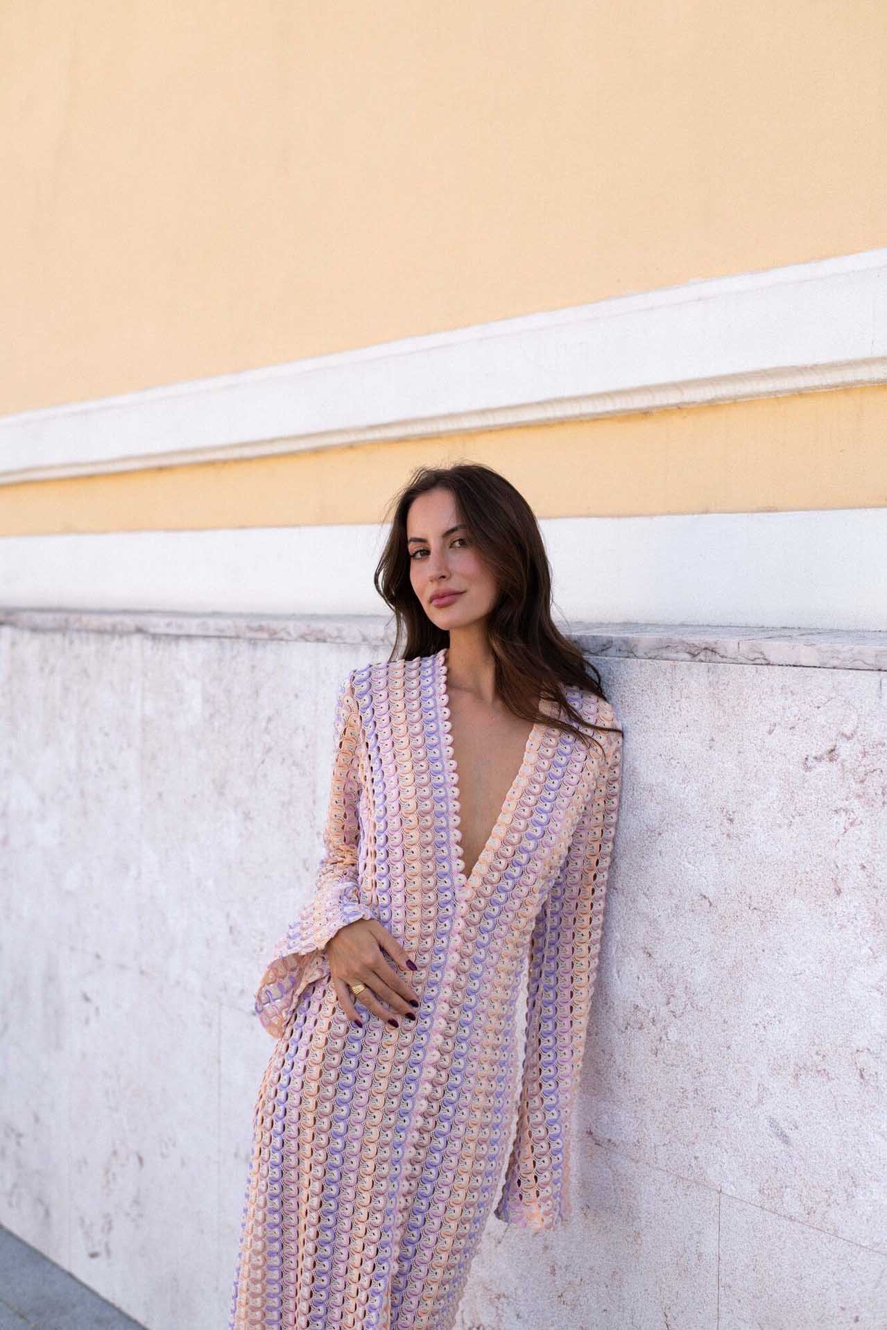 Pilar Chic Boho V Neck Bell Sleeve Maxi Dress, Wavy Striped Crochet Beach Holiday Dress Evening Wear Edit