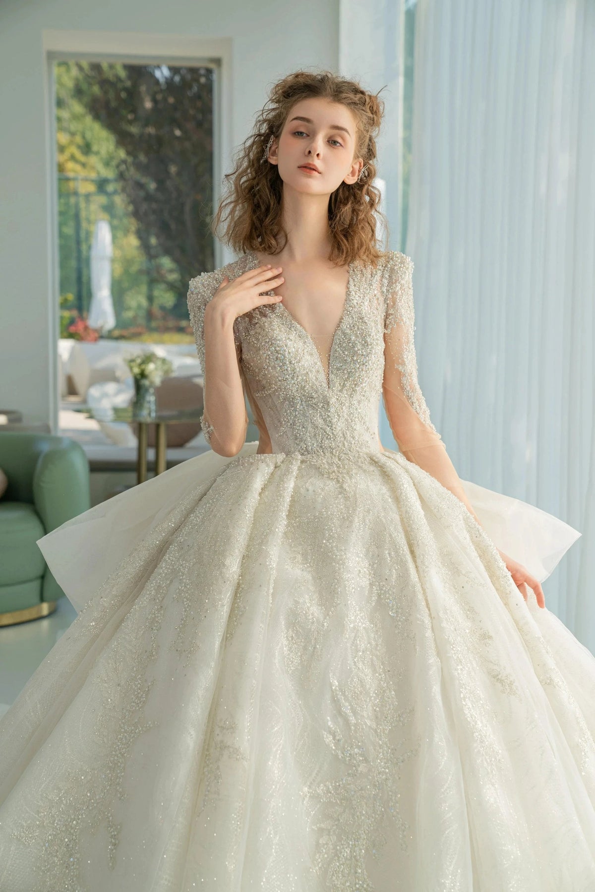 Dazzling Ball Gown Deep V-Neck Tulle Wedding Dress with Beaded Embroidery & Illusion Cut-Out Back Q-6022 (ZD16918) - VelvetHem