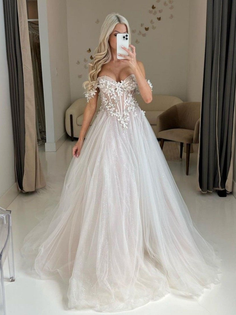 Off-the-Shoulder 3D Floral Corset Tulle Wedding Ball Gown
