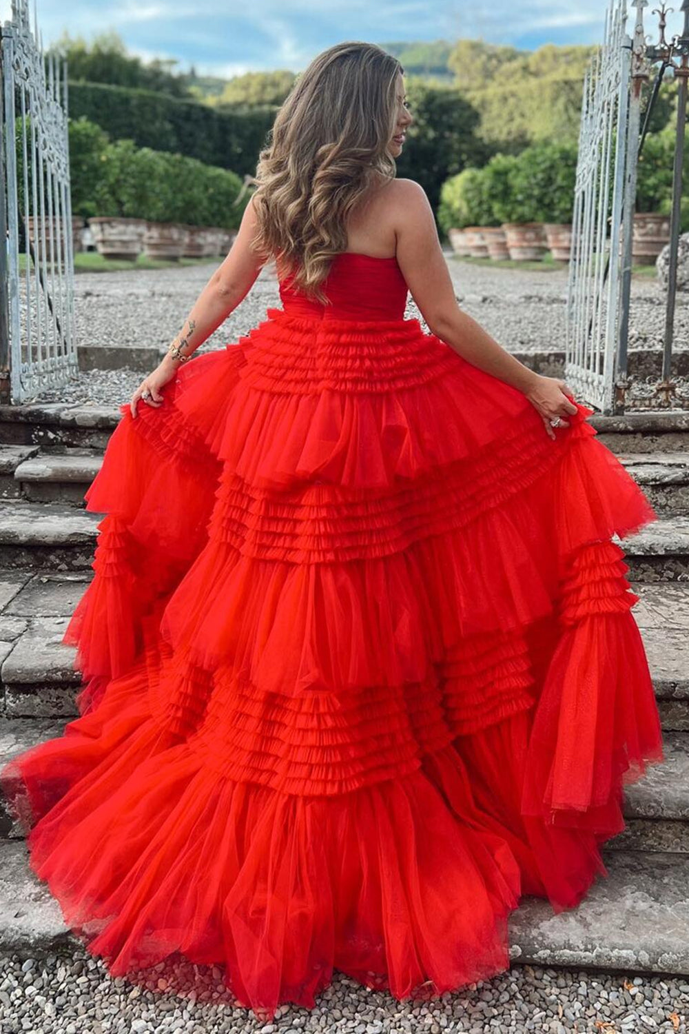 Trendy A Line Strapless Apricot Long Prom Dress with Ruffles - View 12 | VelvetHem
