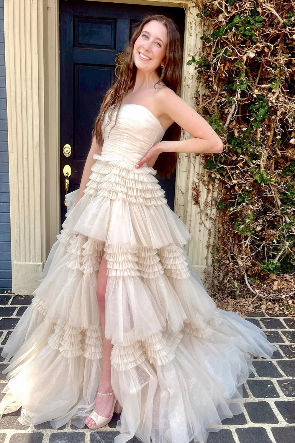 Trendy A Line Strapless Apricot Long Prom Dress with Ruffles - View 2 | VelvetHem