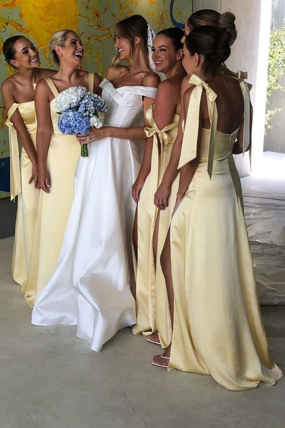 Simple Sheath Spaghetti Straps Yellow Long Bridesmaid Dress with Split Front - View 3 | VelvetHem