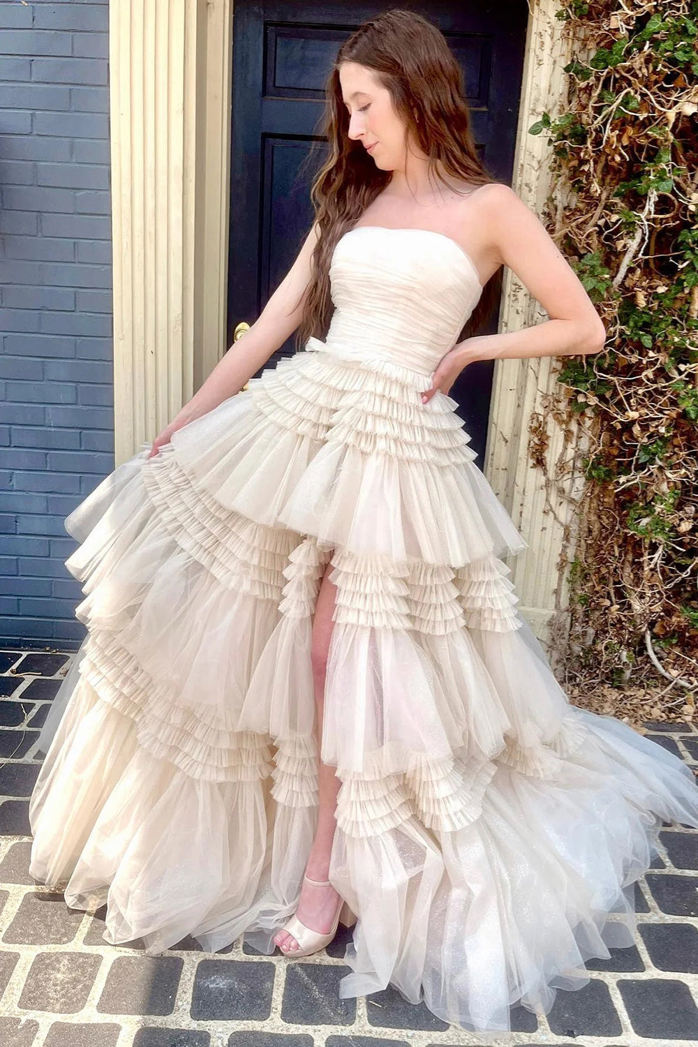 Trendy A Line Strapless Apricot Long Prom Dress with Ruffles - View 3 | VelvetHem