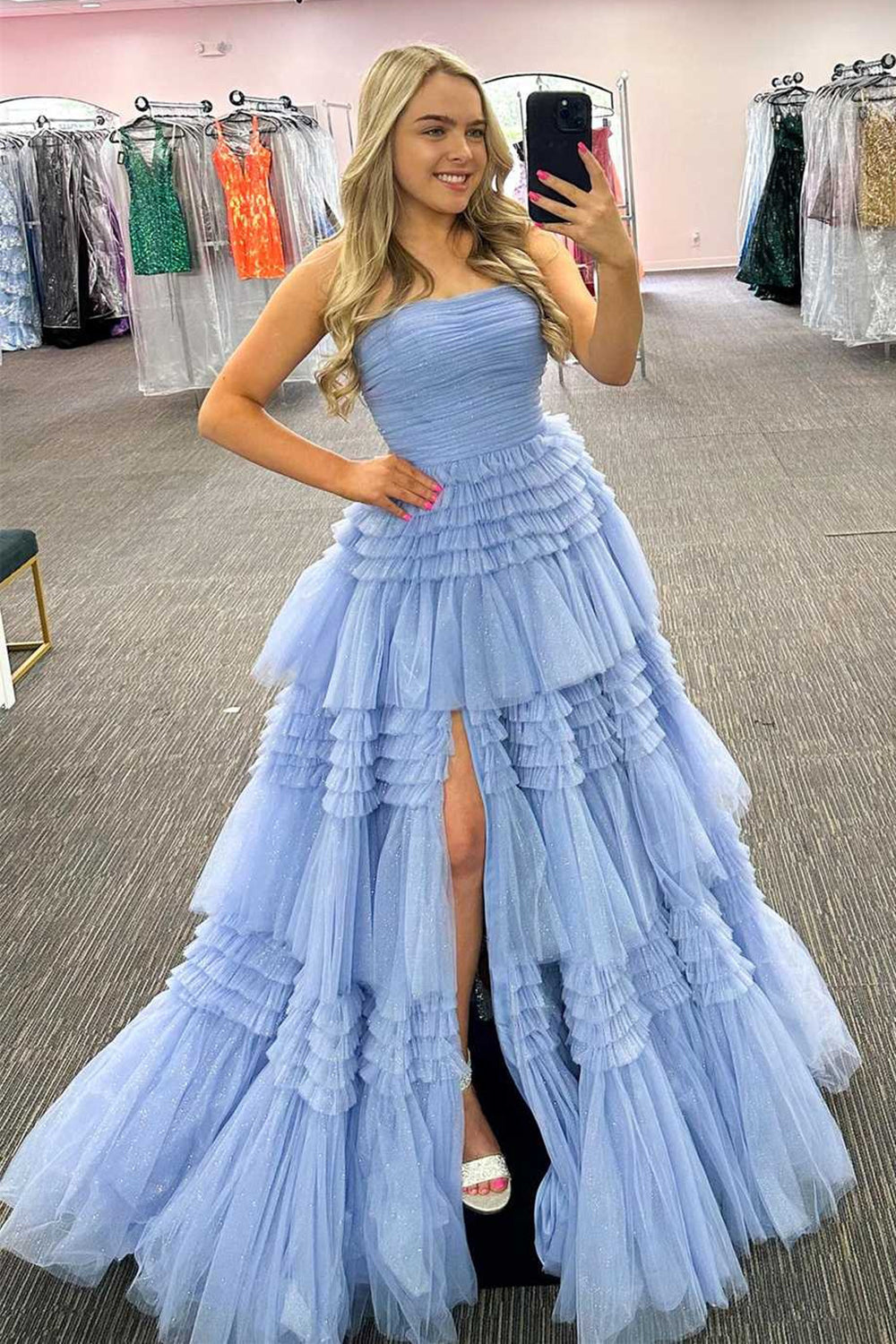 Trendy A Line Strapless Apricot Long Prom Dress with Ruffles - View 4 | VelvetHem