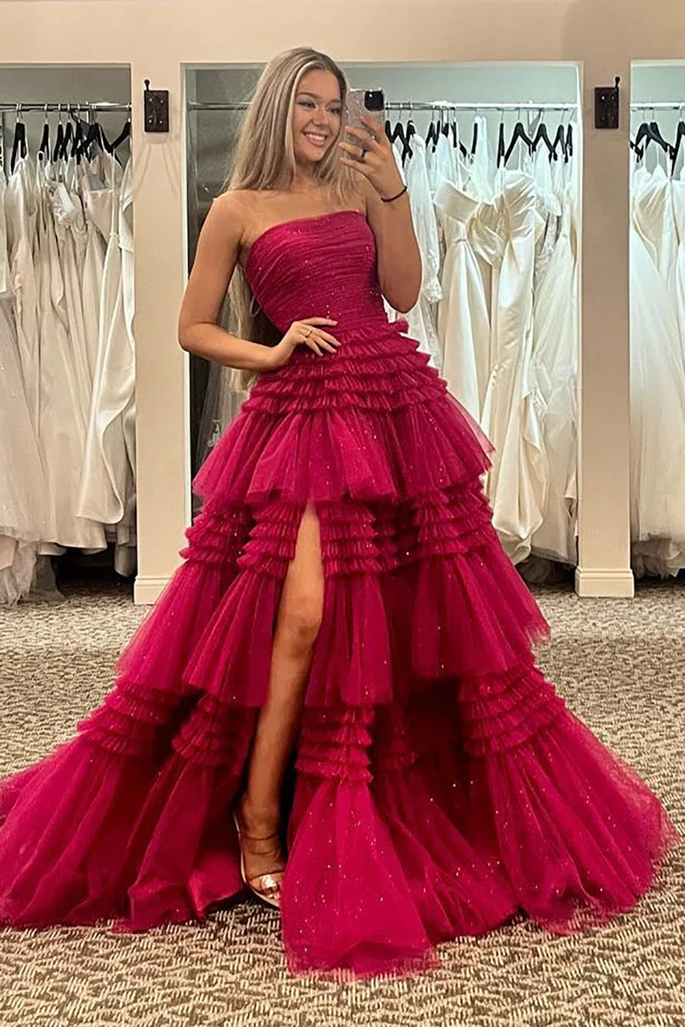 Trendy A Line Strapless Apricot Long Prom Dress with Ruffles - View 10 | VelvetHem