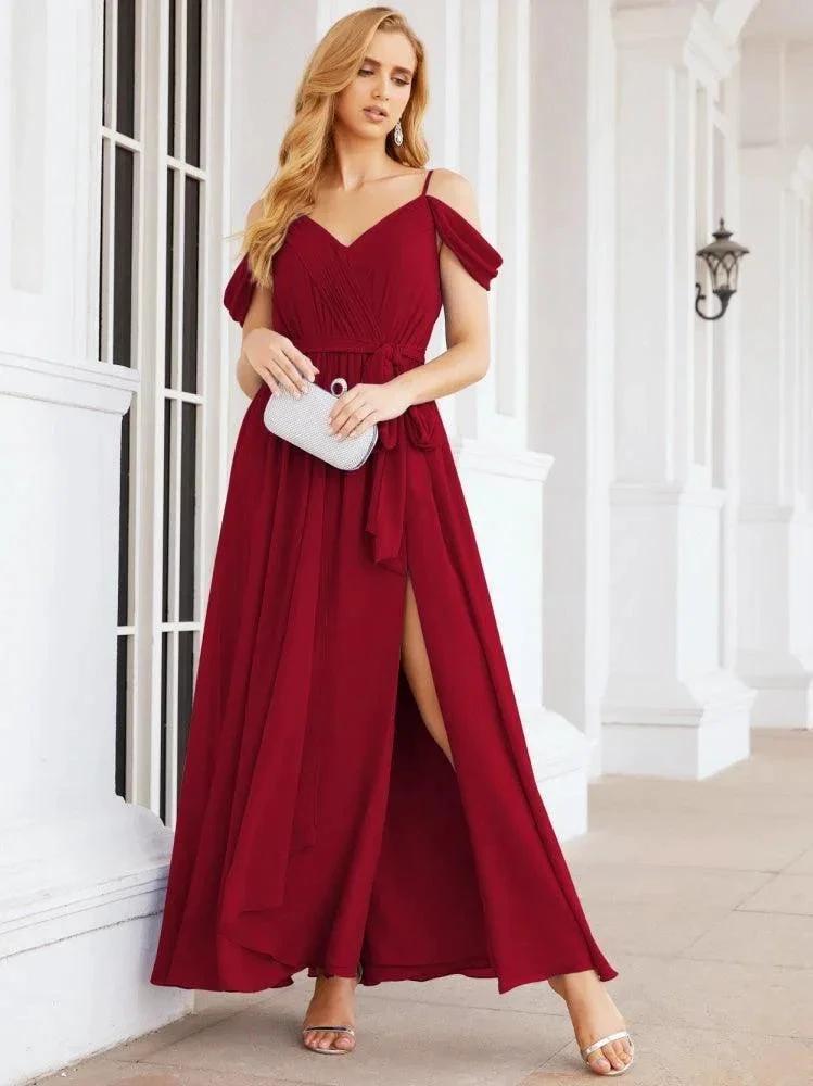 Numbersea Off The Shoulder Chiffon Bridesmaid Dress Long Formal Graduation Gown with Cowl Back 28069 by numbersea
