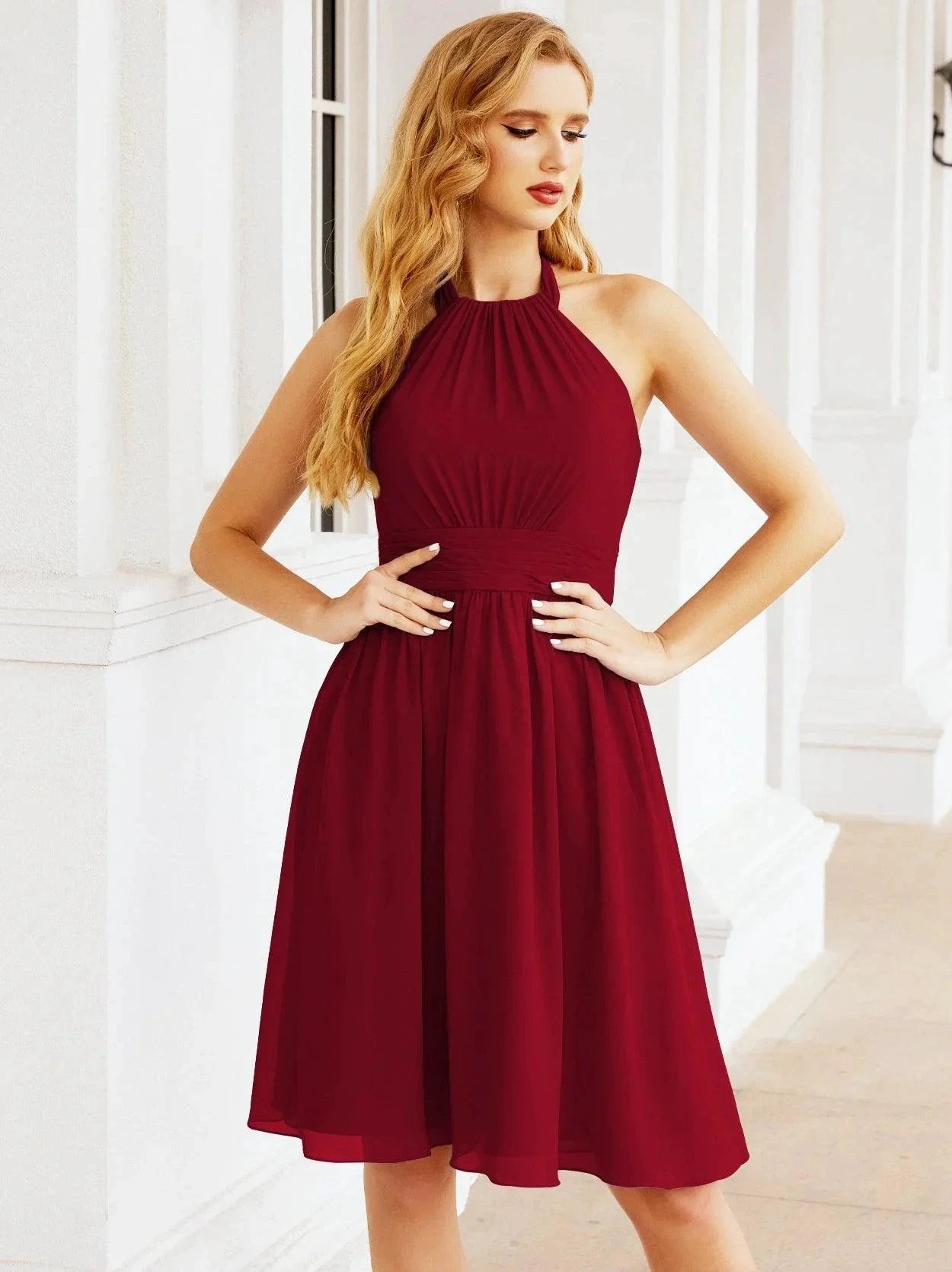 ZapDress Halter Chiffon Bridesmaid Dresses Short Sleeveless Formal Party Dress Open Back 28023 (ZD16957)