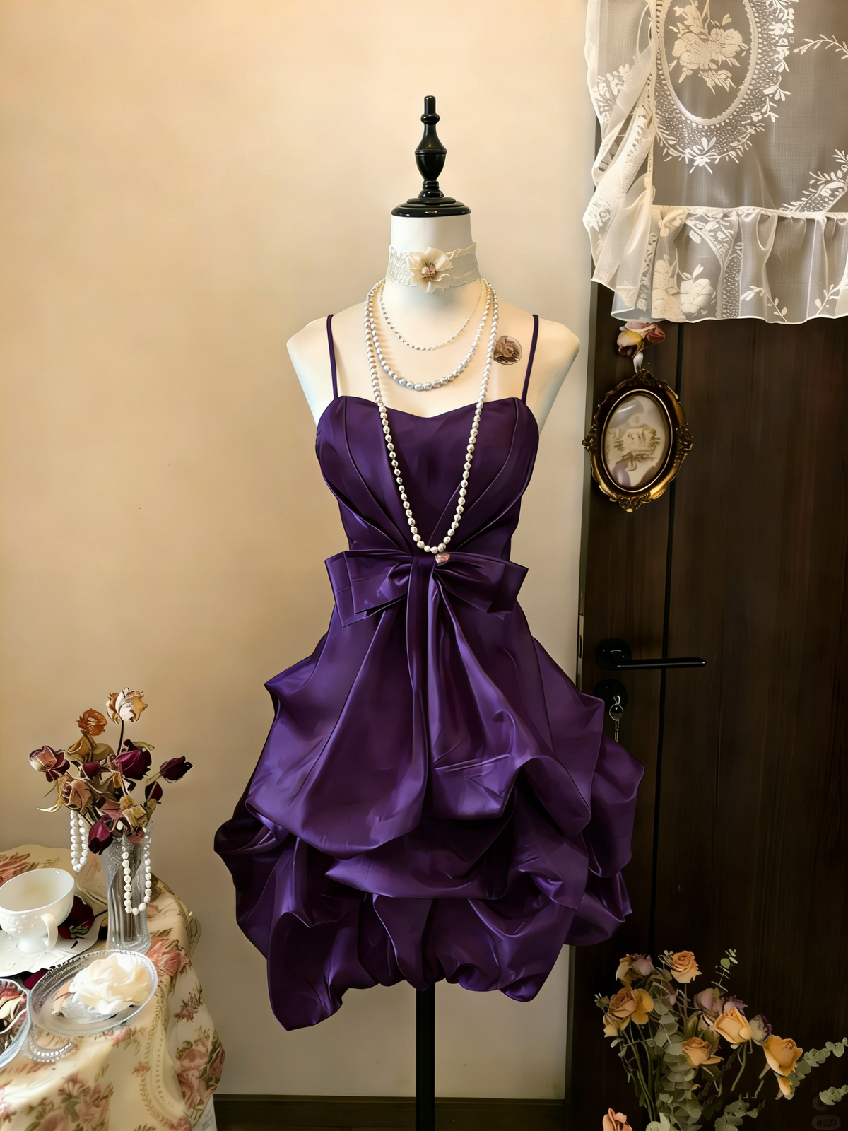 Vintage Yellow Spaghetti Straps Satin Pleated Short Prom Dress Formal Graduation Homecoming Dress - View 9 | VelvetHem