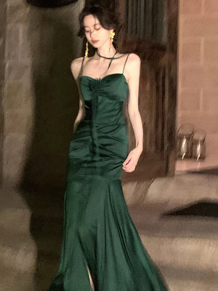 Simple Sheath Spaghetti Straps Floor Length Green Satin Prom Dresses Birthday Dress - VelvetHem
