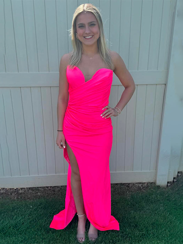 Hot Pink Mermaid Sweetheart Strapless Long Prom Dress with Slit - VelvetHem