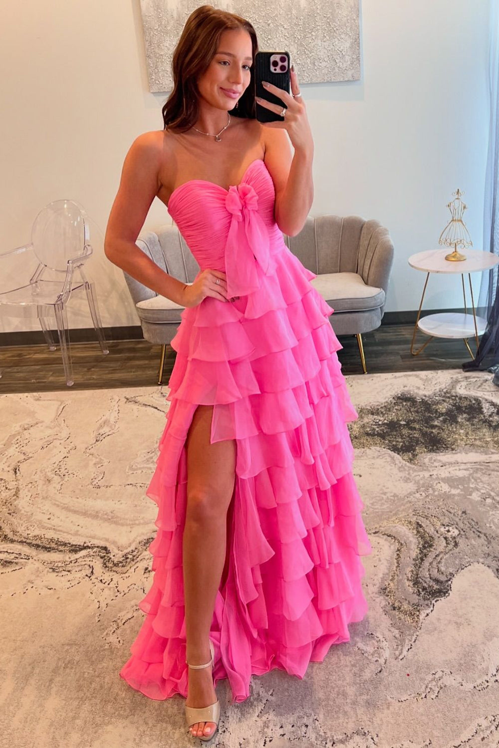 Sweetheart A-Line Chiffon Tiered Long Prom Dress with Slit - VelvetHem