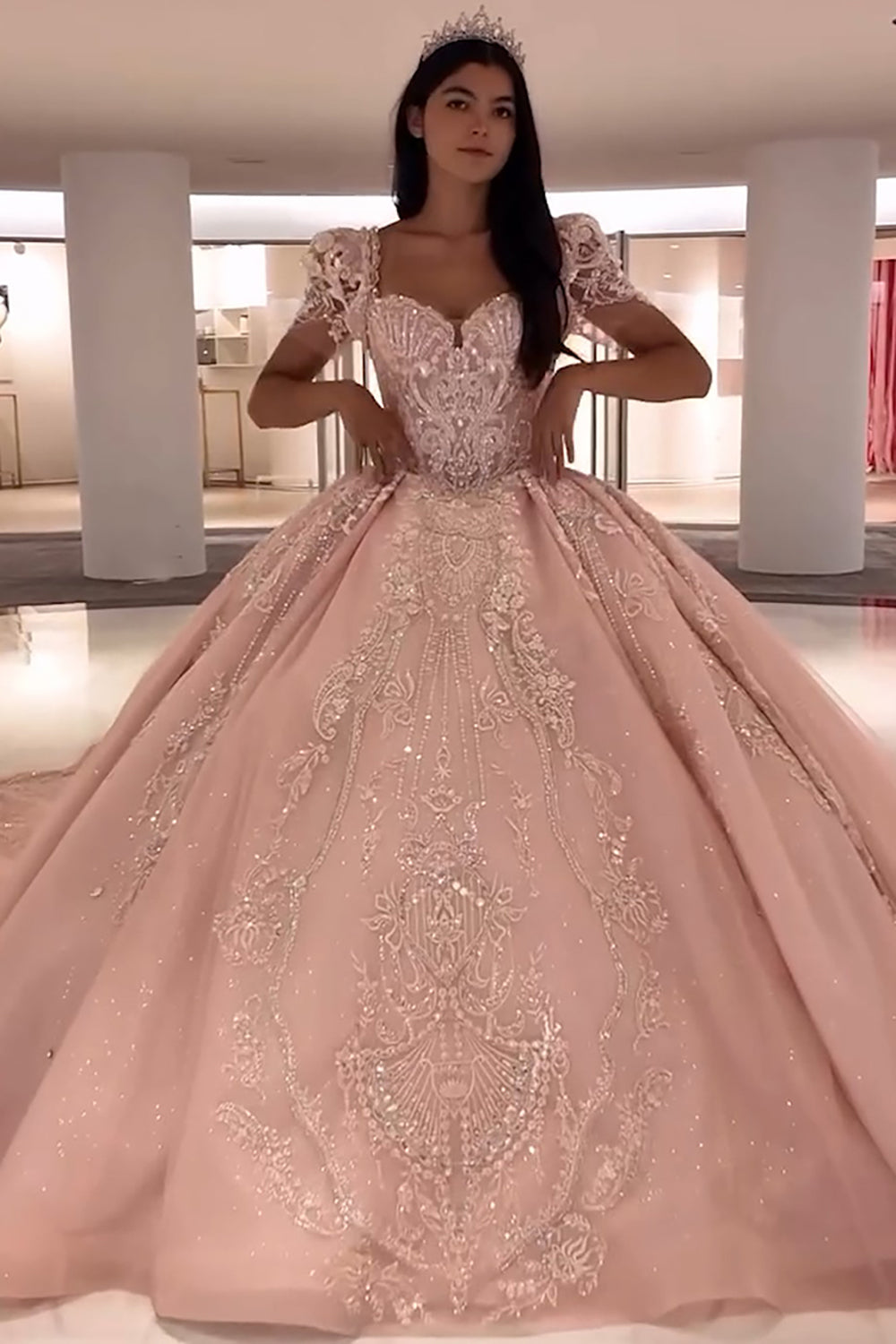 Square Neck Puff Sleeves Ball Gown Applique Quinceanera Dress with Train - VelvetHem