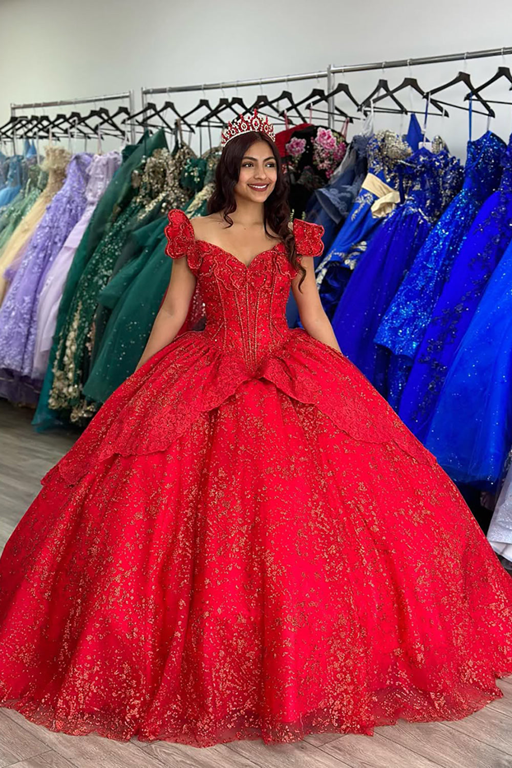 Sparkly Red Off the Shoulder Ball Gown Appliqued Quinceanera Dress - VelvetHem