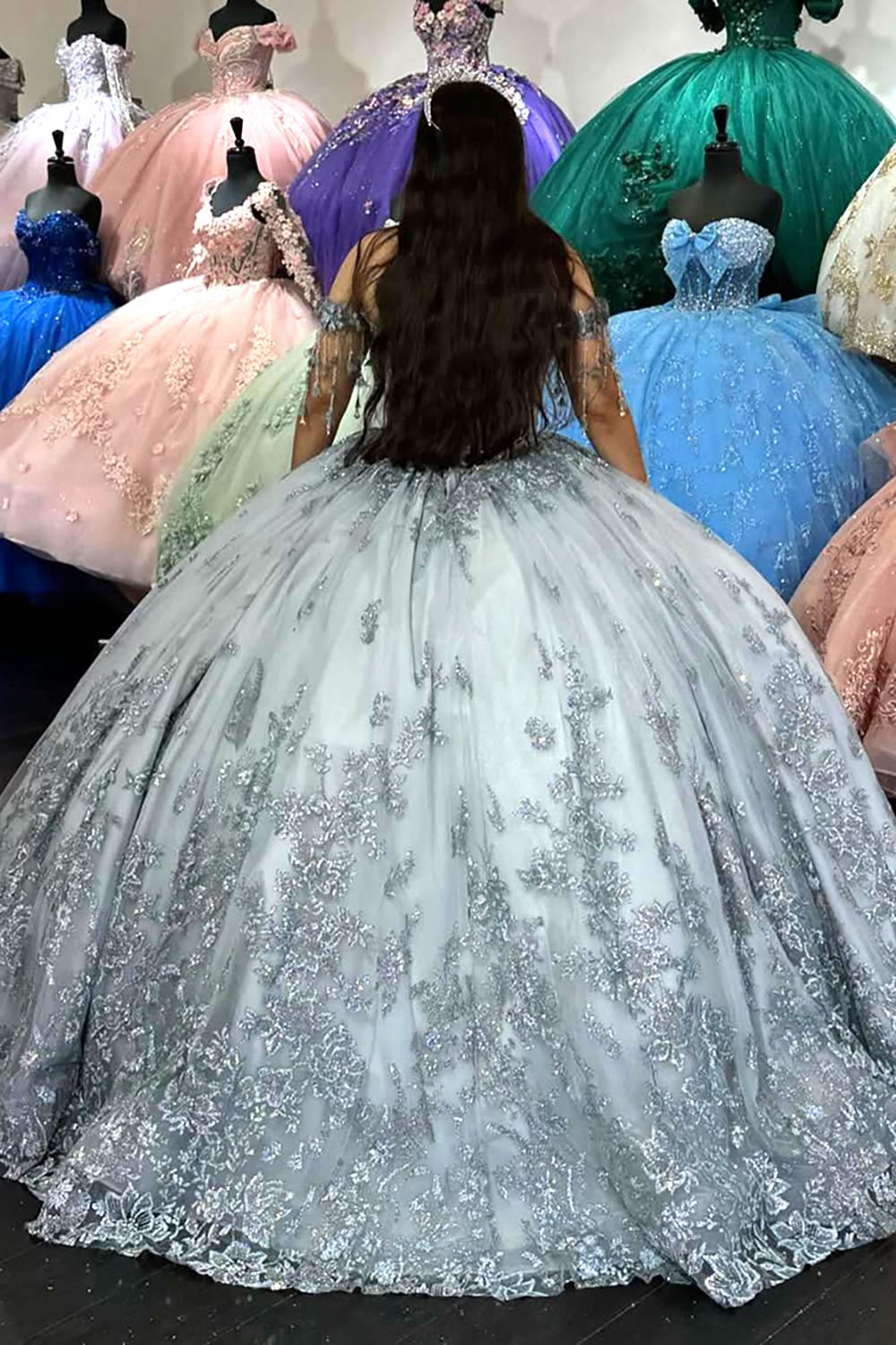 Sparkly Silver Ball Gown Off the Shoulder Sequins Applique Quinceanera Dress with Fringe