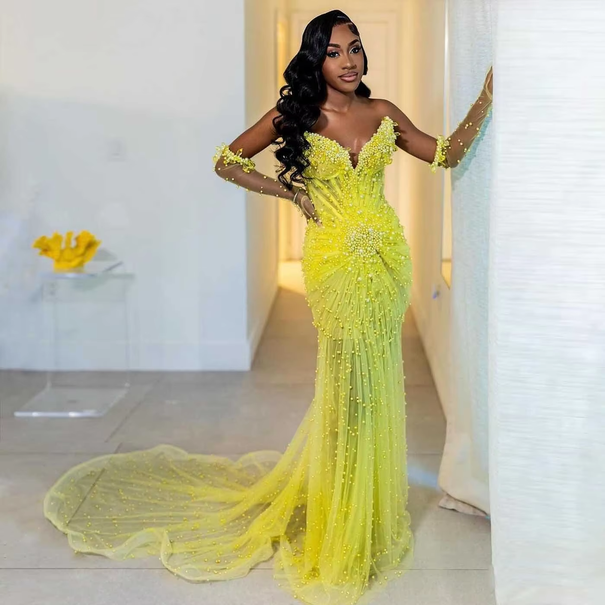 Yellow Luxury Pearls Prom Dresses With Detachable Sleeves Gloves Black Girls V Neck Formal Evening Dress Long Party Dress fg6962 - View 2 | VelvetHem