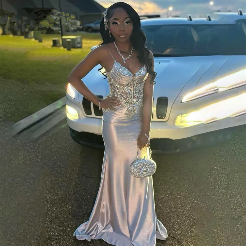 Satin Evening Dress, Silver Prom Dresses, V Neck Mermaid Spaghetti Straps Floor Length Dress fg6965 - View 2 | VelvetHem