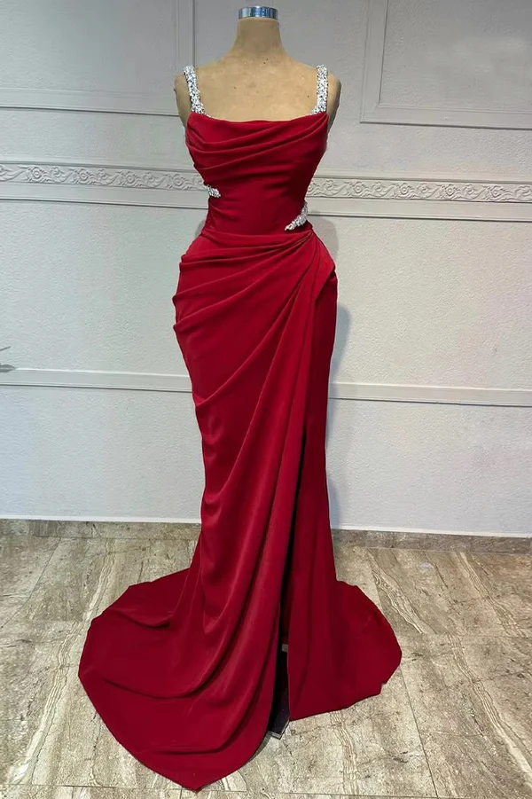 Fashion Burgundy Mermaid Pleated Prom Dress Slit Party Evening Gown