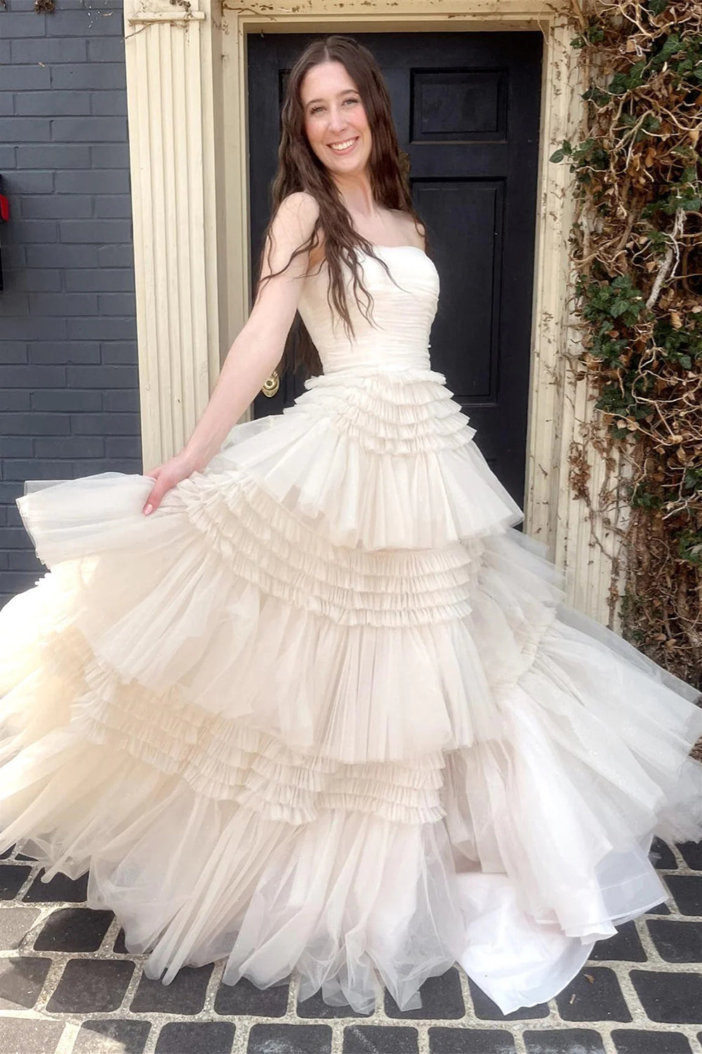 Trendy A Line Strapless Apricot Long Prom Dress with Ruffles - VelvetHem