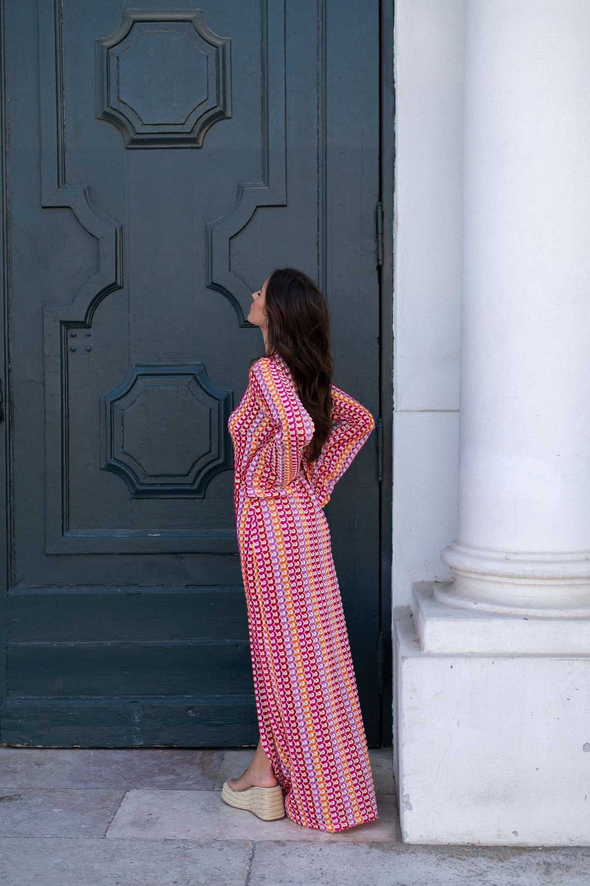 Pilar Chic Boho V Neck Bell Sleeve Maxi Dress, Wavy Striped Crochet Beach Holiday Dress Evening Wear Edit