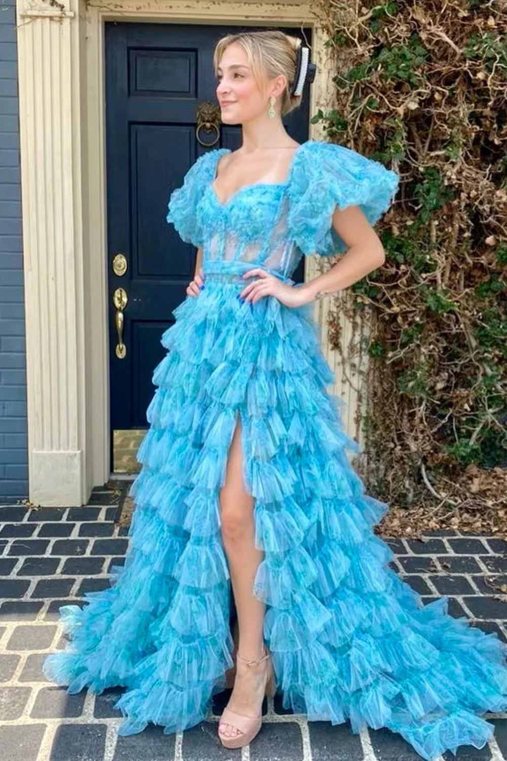 Charming A Line Sweetheart Blue Corset Prom Dress with Short Sleeves - View 3 | VelvetHem
