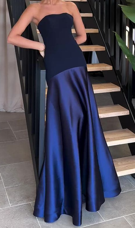 Sexy Strapless Navy Blue Long Prom Dress Formal A Line Evening Dress - VelvetHem