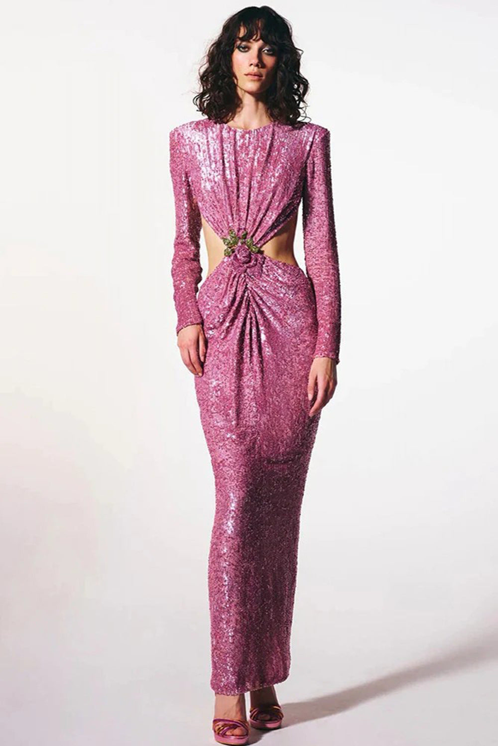 Ruched Sequin Waist Cutout Prom Dress