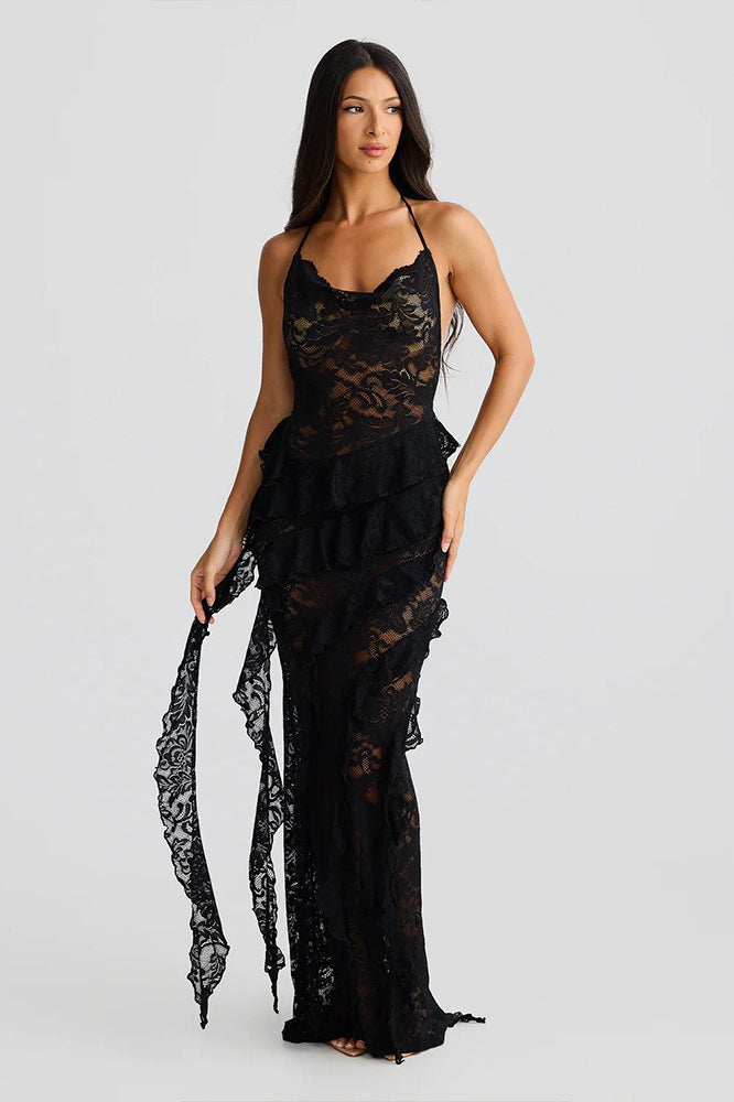 Backless Lace Halter Maxi Dress - View 4 | VelvetHem
