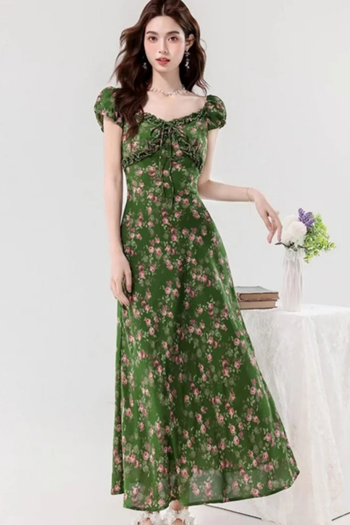 Retro Slim Green V-Neck Floral Dress - View 3 | VelvetHem