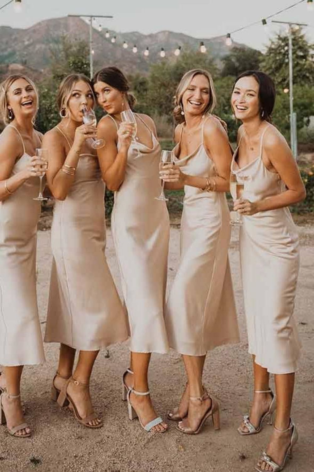 Simple Sheath Spaghetti Straps Light Champagne Tea Length Bridesmaid Dress - View 3 | VelvetHem
