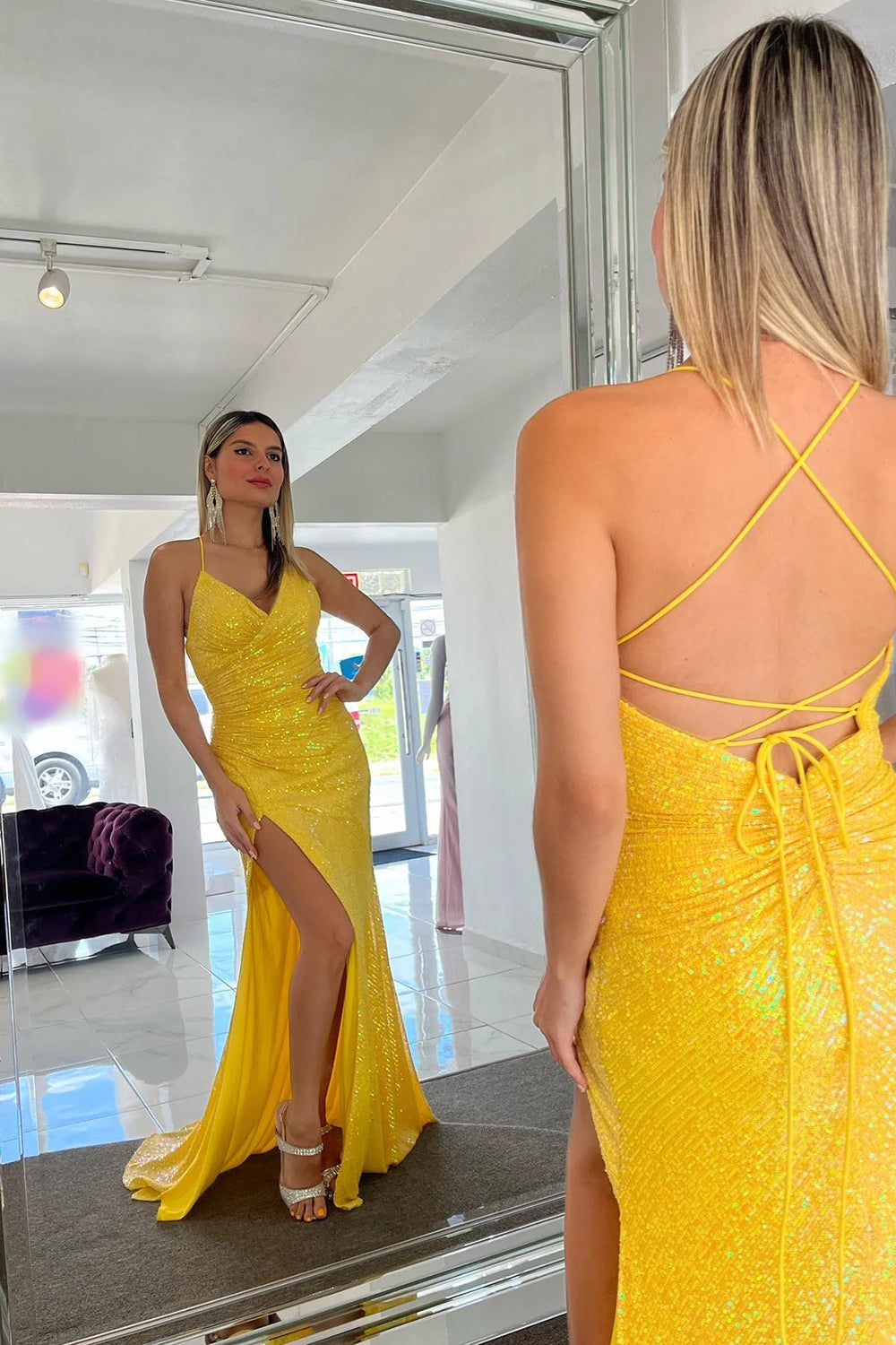 Sparkly Mermaid Spaghetti Straps Yellow Sequins Long Prom Dress with Split Front - VelvetHem