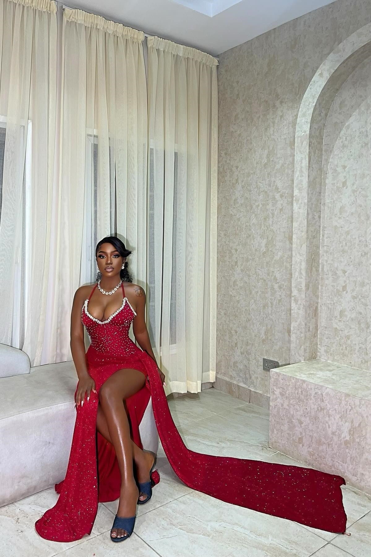 Hot Mermaid Spaghetti Straps Red Long Party Dress with Beading - View 3 | VelvetHem