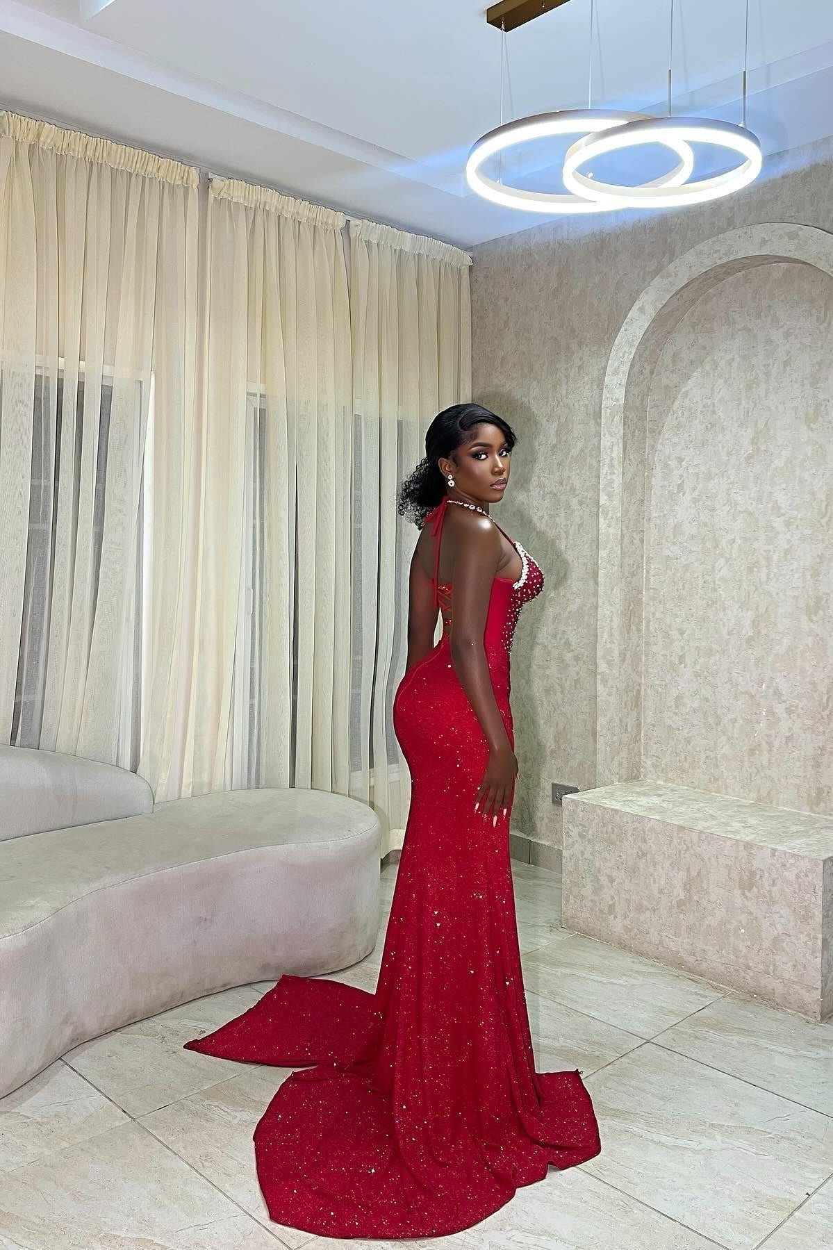 Hot Mermaid Spaghetti Straps Red Long Party Dress with Beading - View 5 | VelvetHem