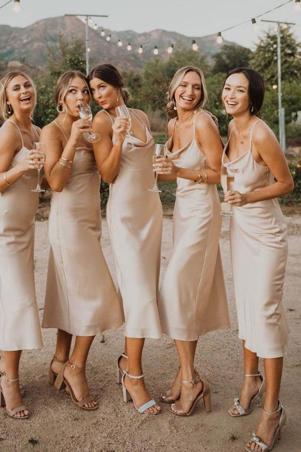 Simple Sheath Spaghetti Straps Light Champagne Tea Length Bridesmaid Dress - VelvetHem